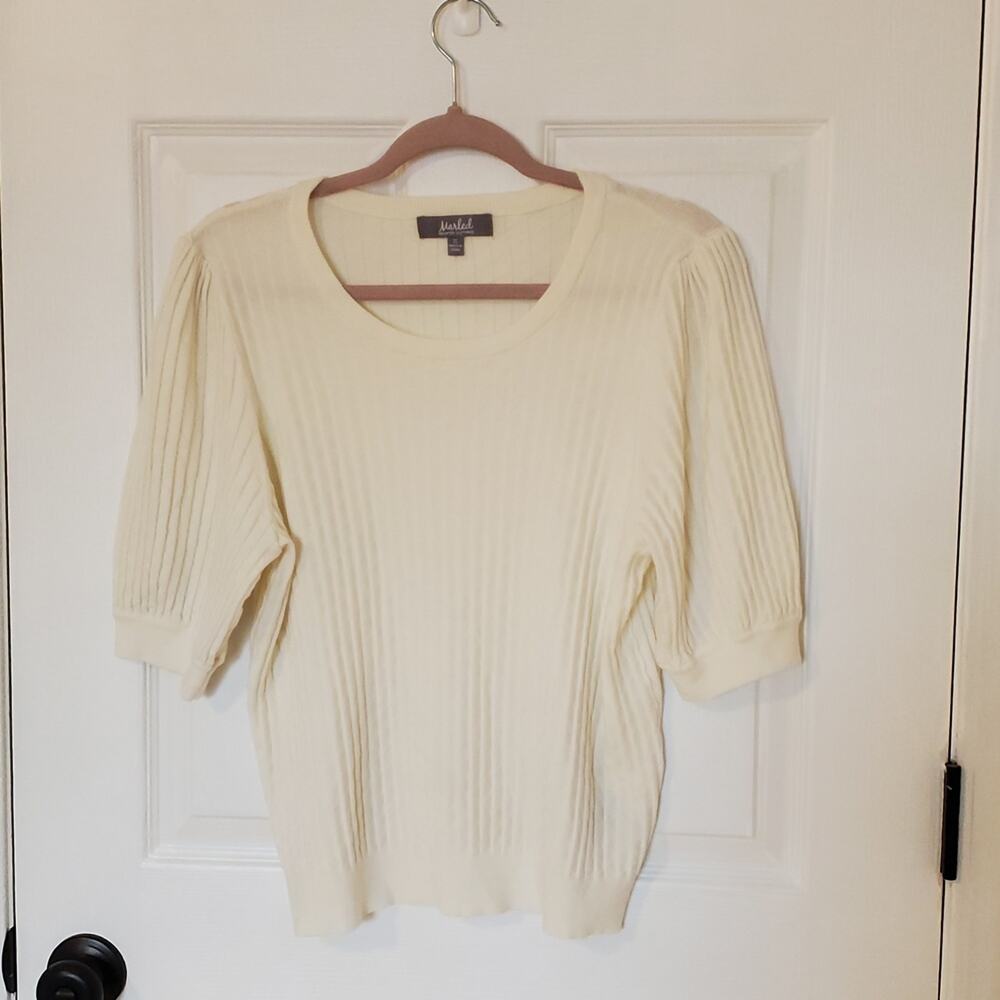 Marled Ivory Ribbed Knit Short Sleeve Sweater Top Preppy XL